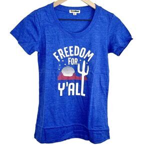 Tipsy Elves Women's Top Size S Blue "Freedom For Y'All" Scoop Neck Graphic Tee‎